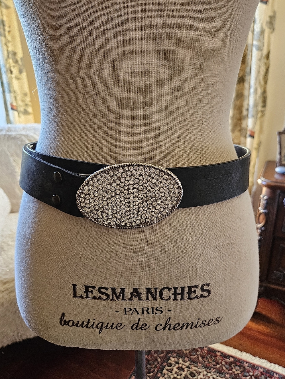 Leather Belt With Rhinestone Buckle